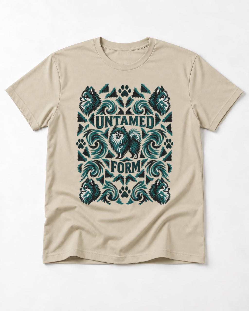 Pomeranian Untamed Form T-Shirt in Sand, flat lay product photo