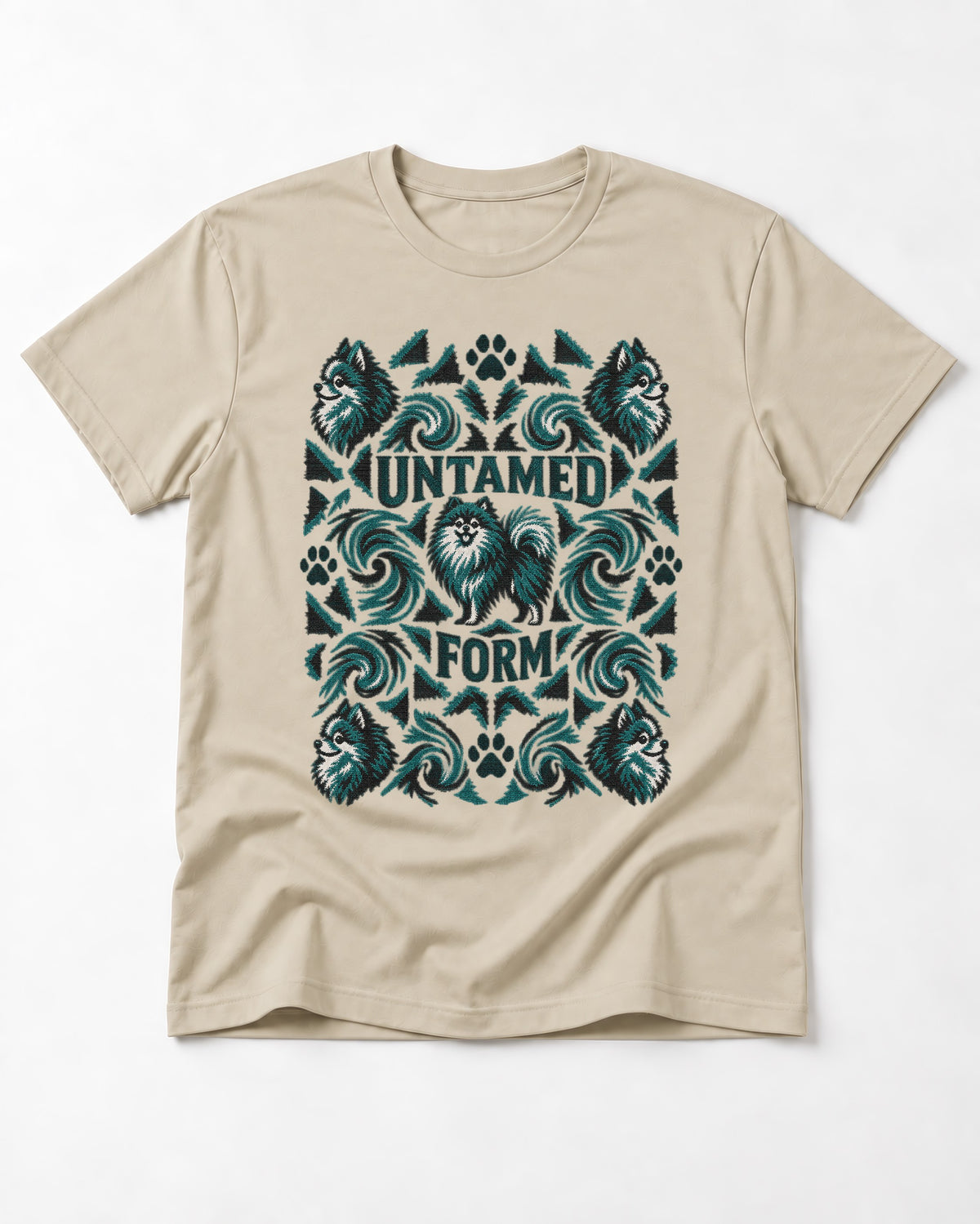 Pomeranian Untamed Form T-Shirt in Sand, flat lay product photo