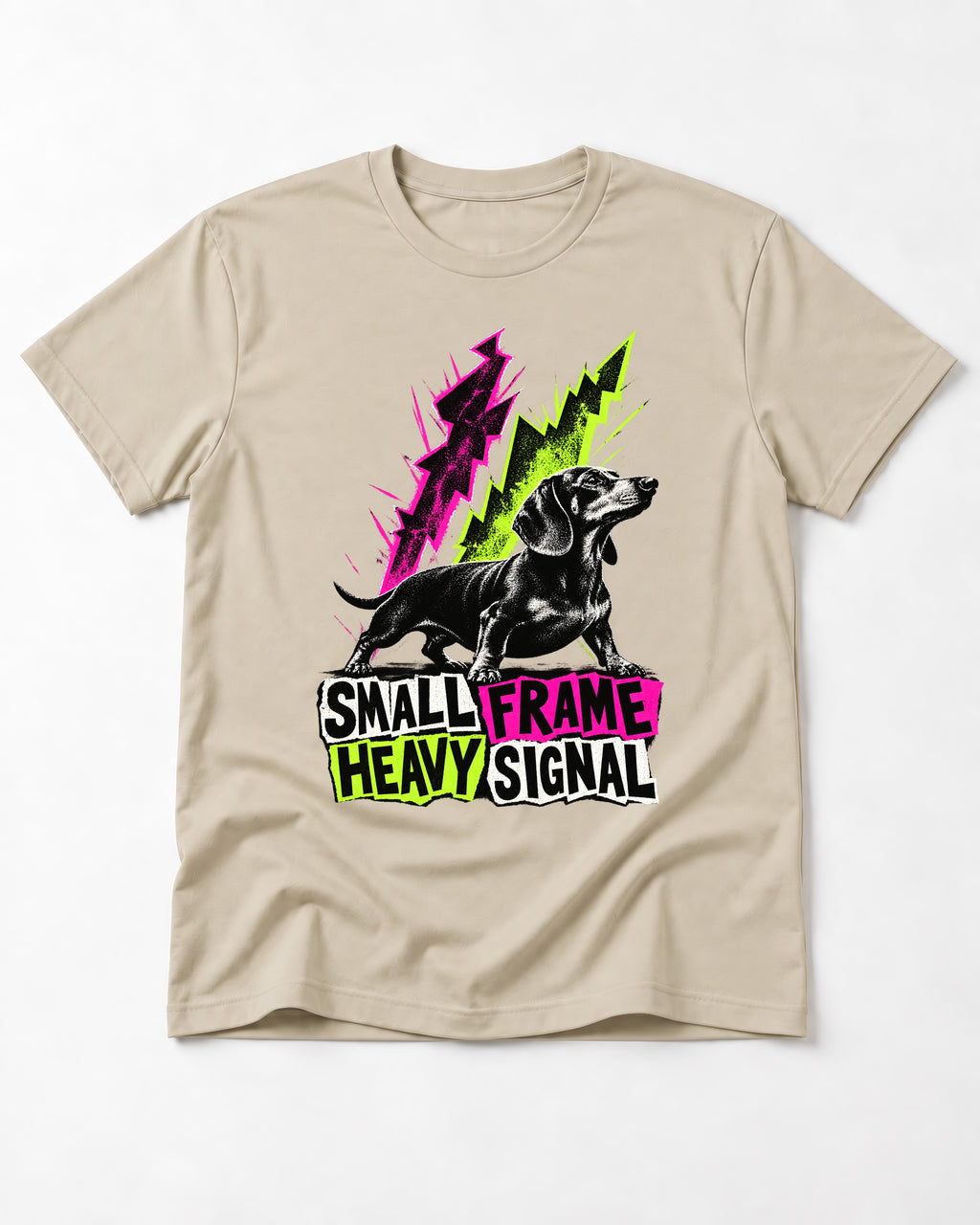Dachshund Small Frame Heavy Signal T-Shirt in Sand, flat lay product photo