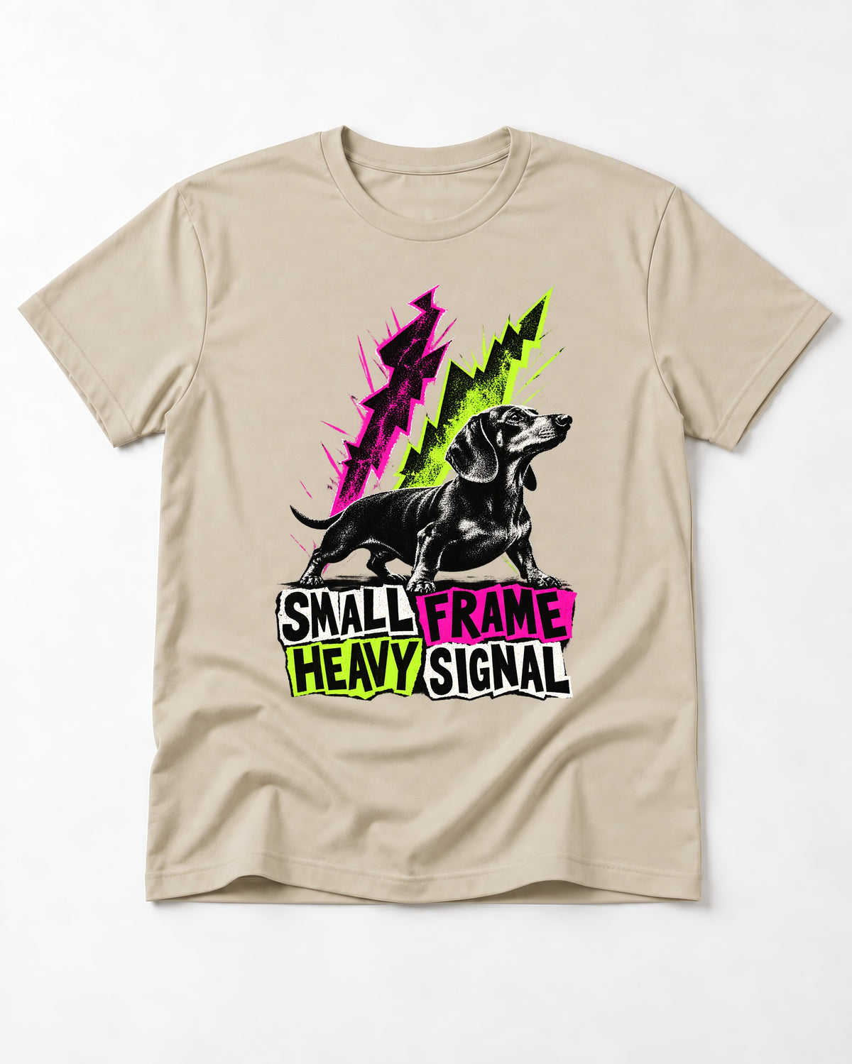 Dachshund Small Frame Heavy Signal T-Shirt in Sand, flat lay product photo