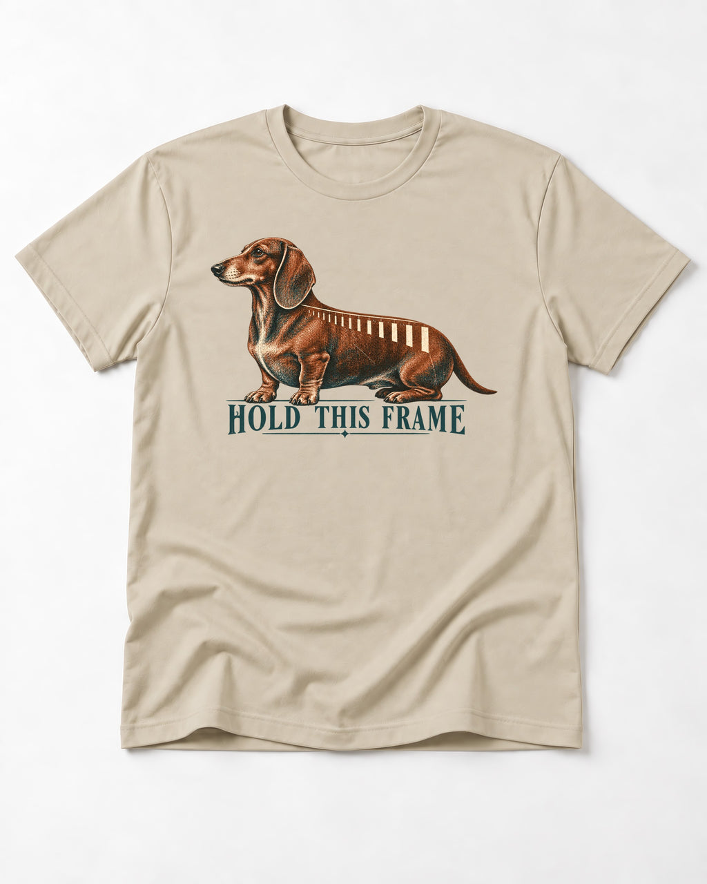 Dachshund Hold This Frame T-Shirt in Sand, flat lay product photo