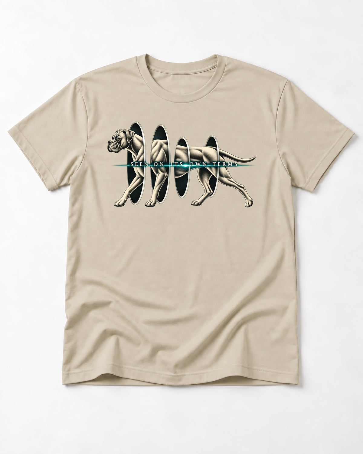 Boxer On Its Own Terms T-Shirt in Sand, flat lay product photo