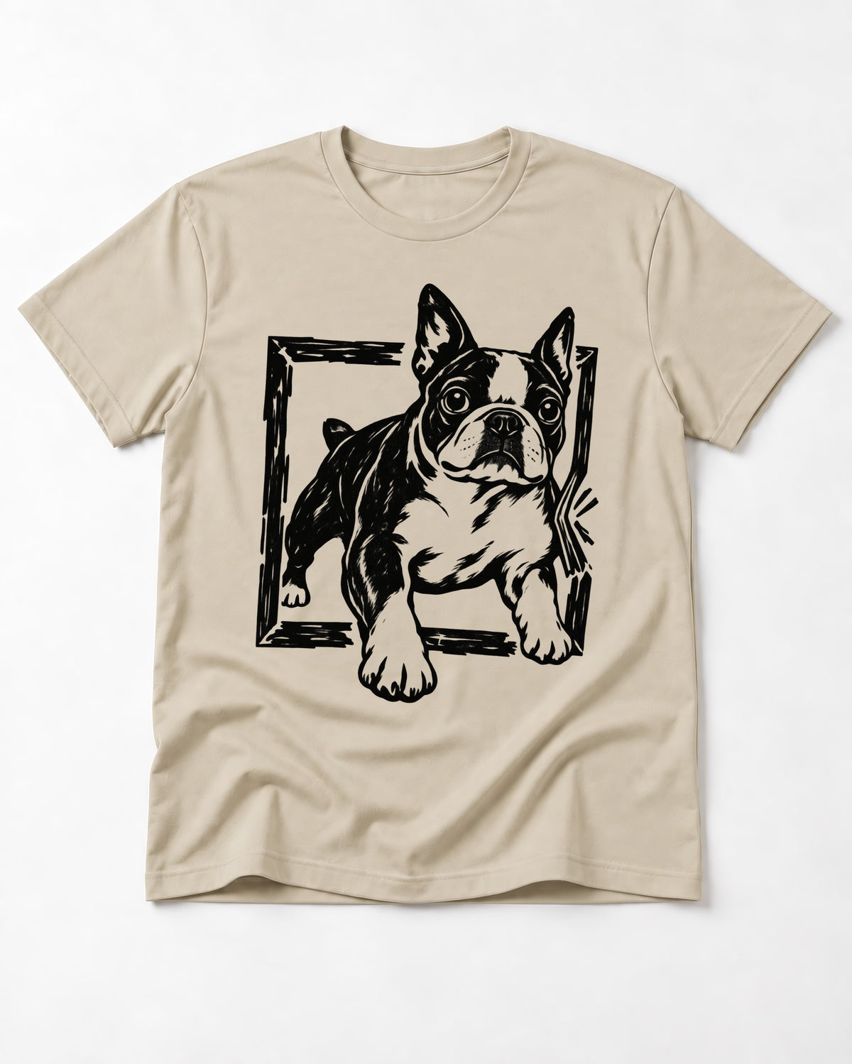 Boston Terrier Unstoppable T-Shirt in Sand, flat lay product photo