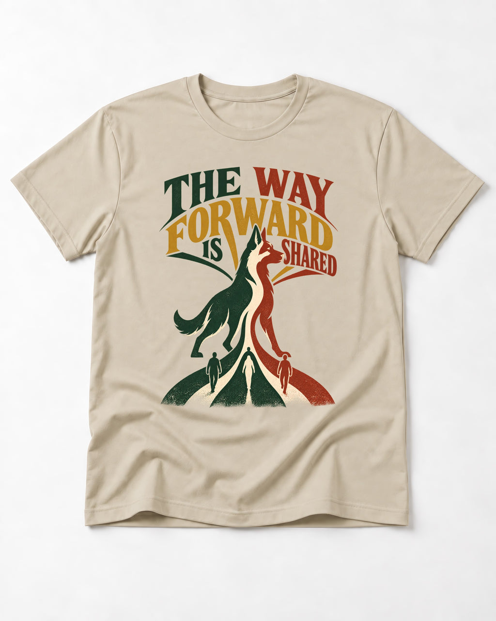 Shared Way Forward German Shepherd Dog T-Shirt in Sand, flat lay product photo