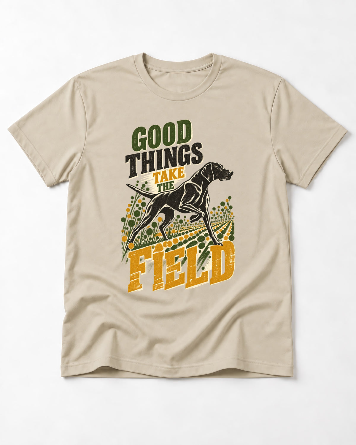 German Shorthaired Pointer Takes the Field T-Shirt in Sand, flat lay product photo