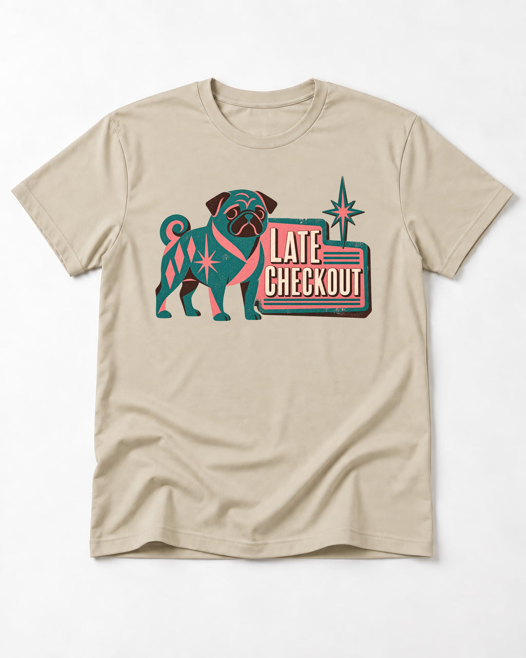 Pug's Late Checkout T-Shirt in Sand, flat lay product photo