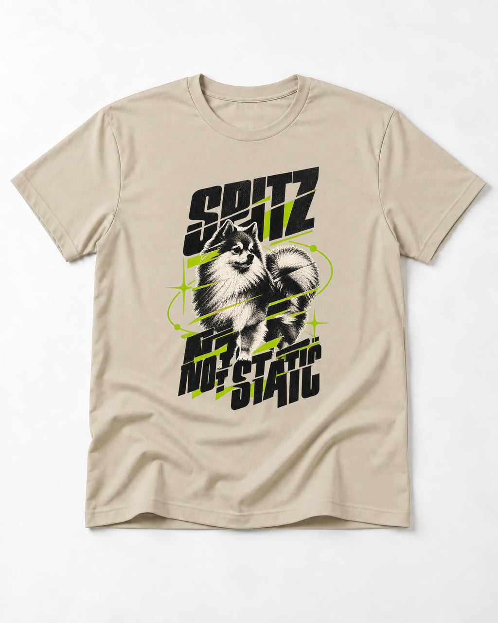 Pomeranian Not Static T-Shirt in Sand, flat lay product photo