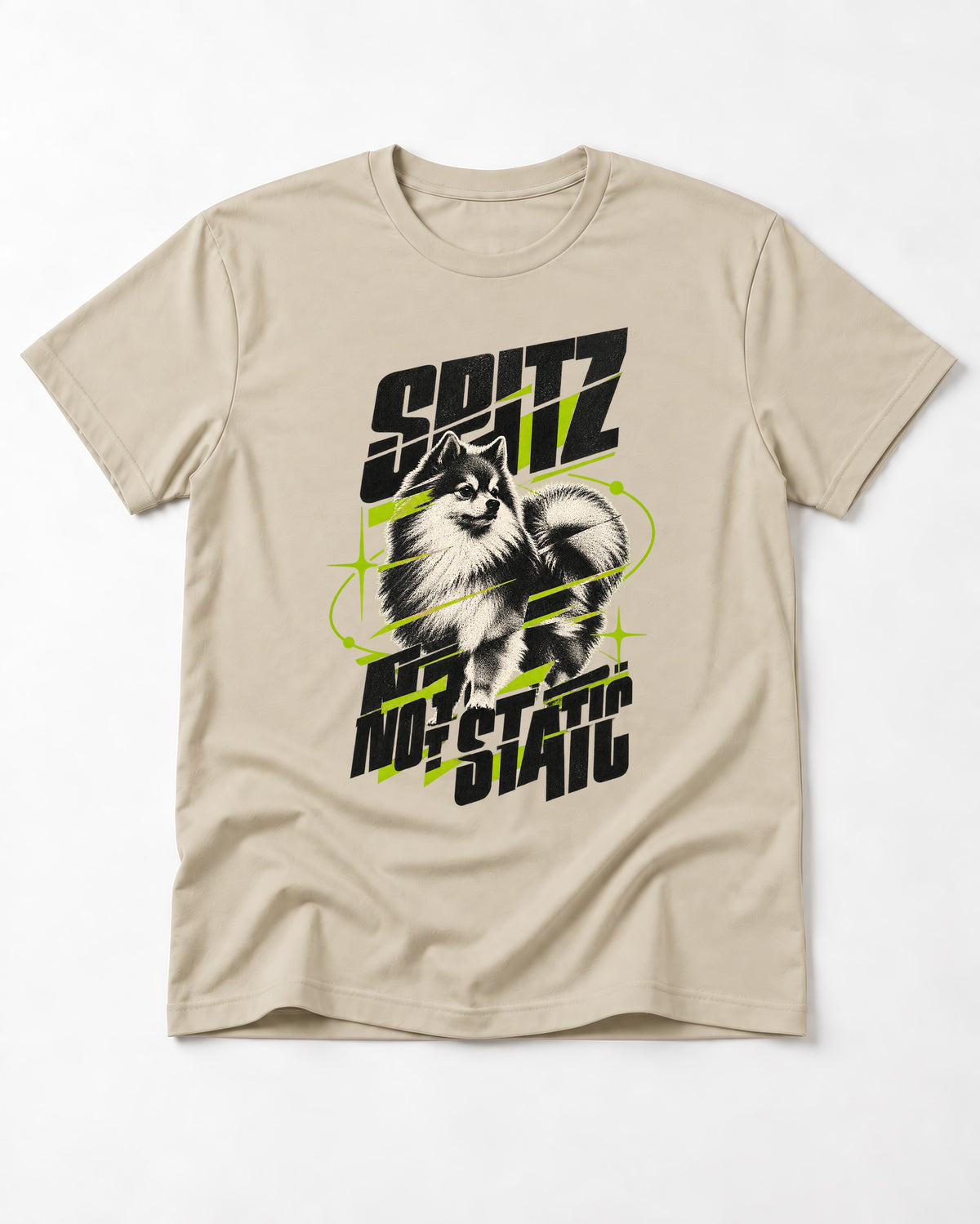Pomeranian Not Static T-Shirt in Sand, flat lay product photo