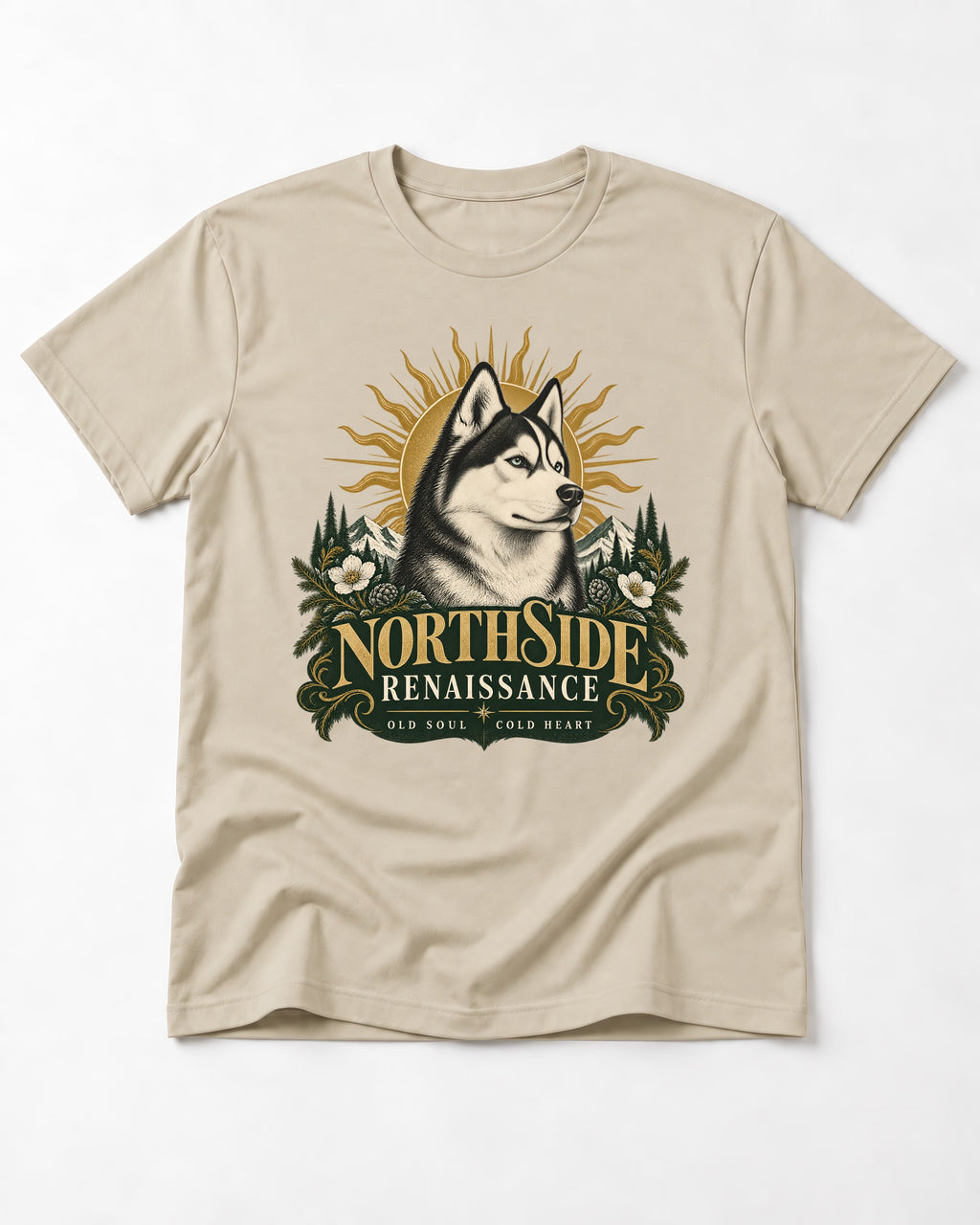 Northside Renaissance Husky T-Shirt in Sand, flat lay product photo