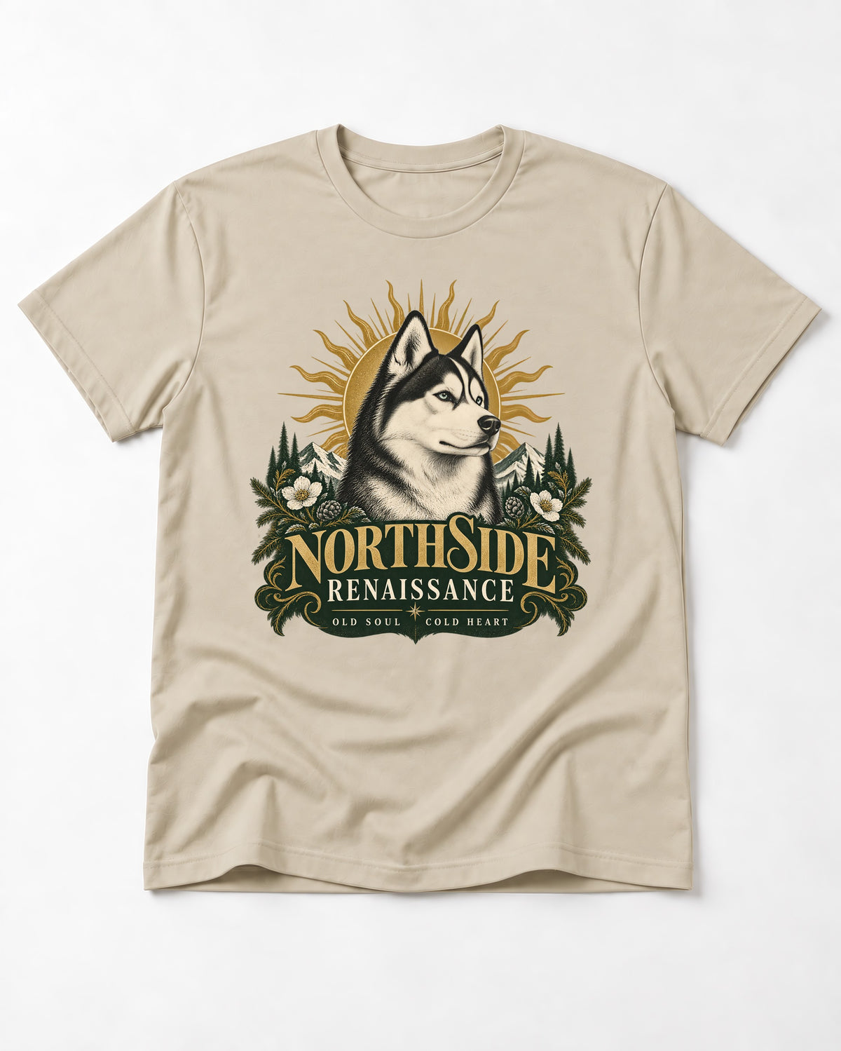 Northside Renaissance Husky T-Shirt in Sand, flat lay product photo