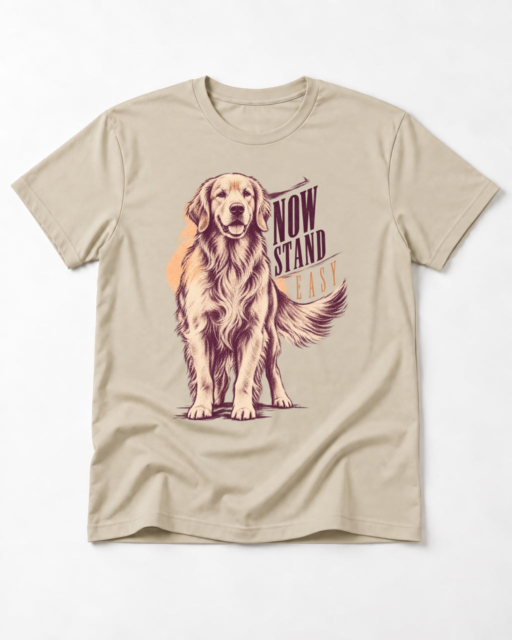 Now Stand Easy Golden Retriever T-Shirt in Sand, flat lay product photo
