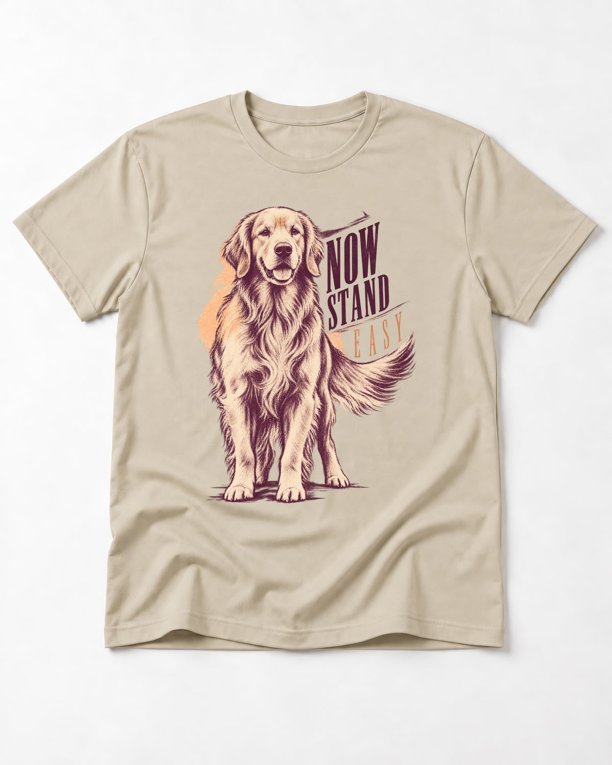 Now Stand Easy Golden Retriever T-Shirt in Sand, flat lay product photo