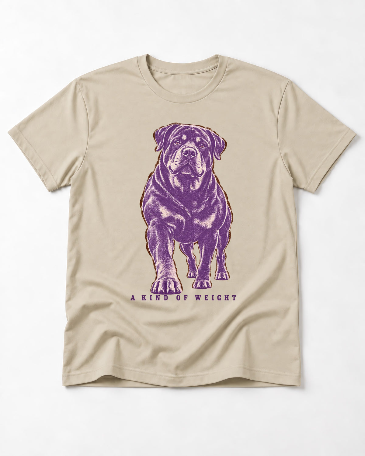 Rottweiler A Kind of Weight T-Shirt in Sand, flat lay product photo