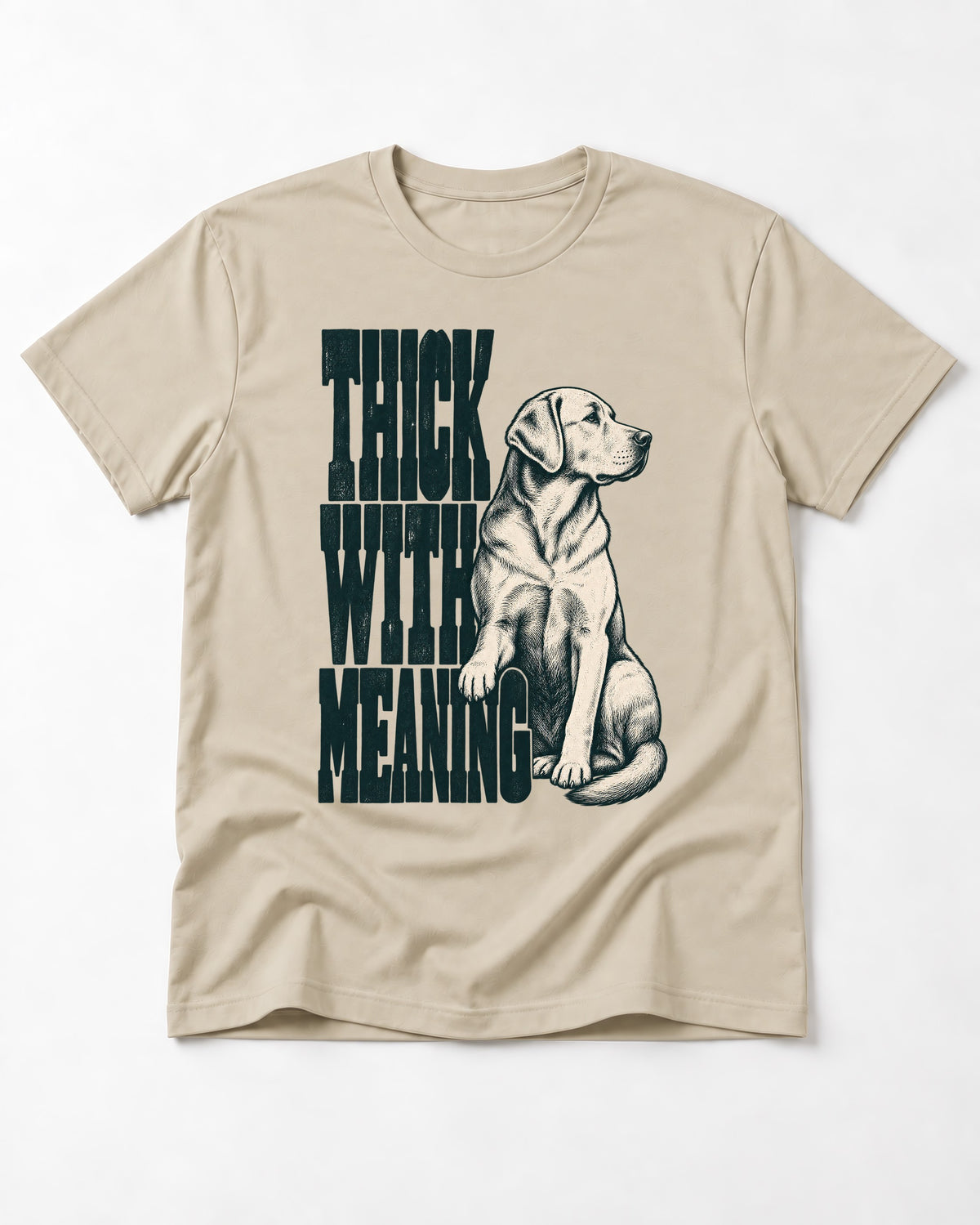 Thick with Meaning Labrador Retriever T-Shirt in Sand, flat lay product photo