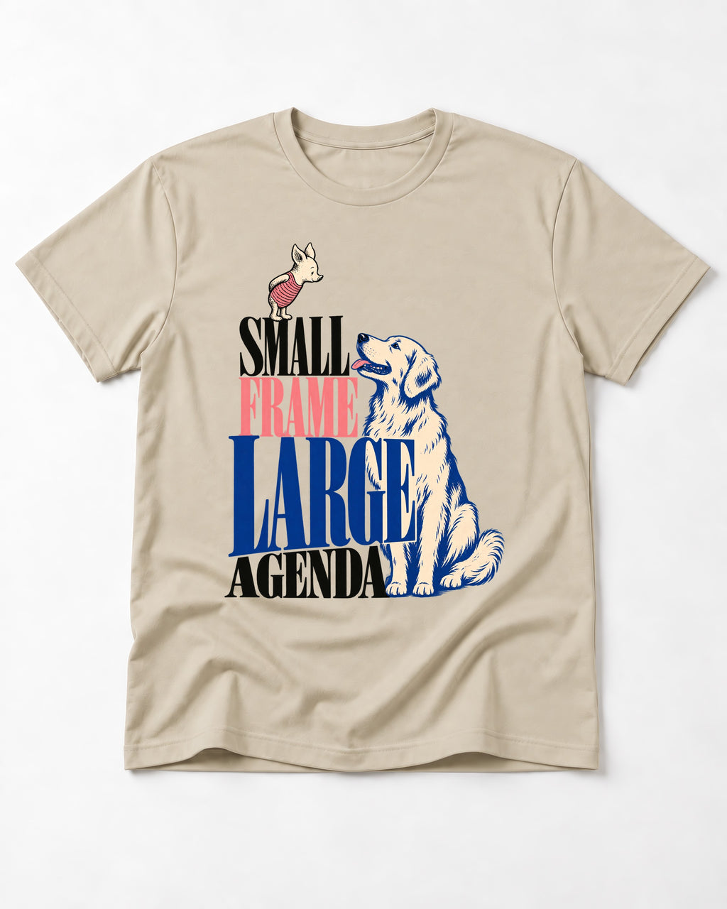Small Frame Large Agenda Golden Retriever T-Shirt in Sand, flat lay product photo
