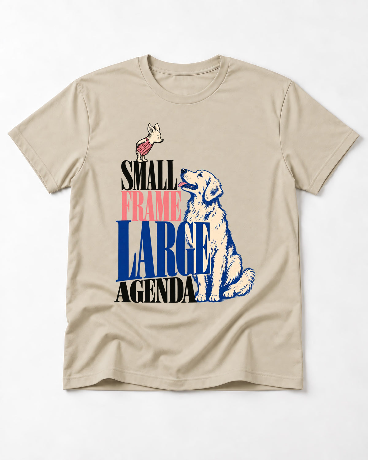 Small Frame Large Agenda Golden Retriever T-Shirt in Sand, flat lay product photo