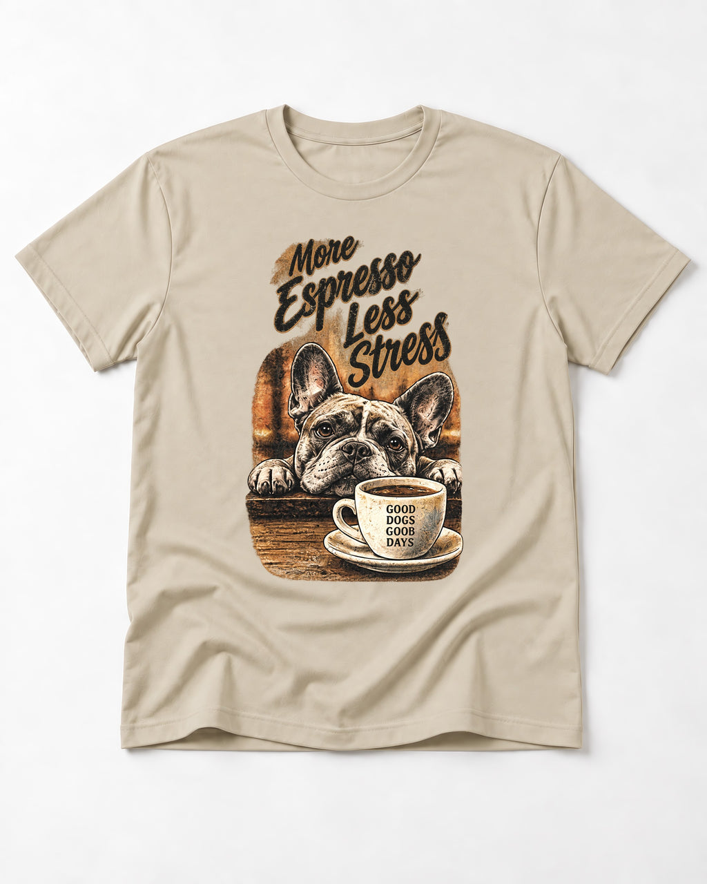 Frenchie More Espresso Less Stress T-Shirt in Sand, flat lay product photo