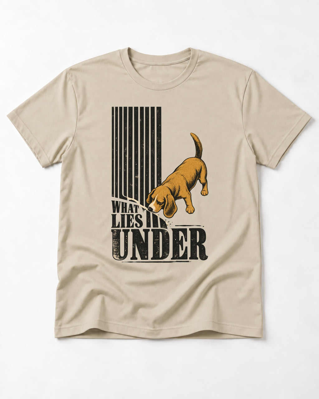 Beagle Knows What Lies Under T-Shirt in Sand, flat lay product photo