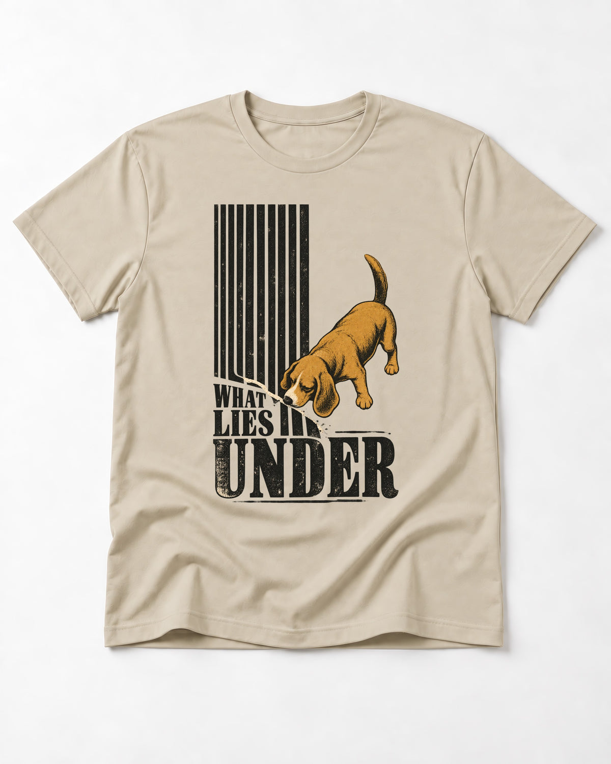 Beagle Knows What Lies Under T-Shirt in Sand, flat lay product photo