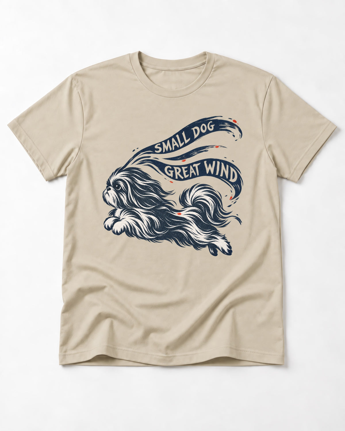 Small Shih Tzu Great Wind T-Shirt in Sand, flat lay product photo