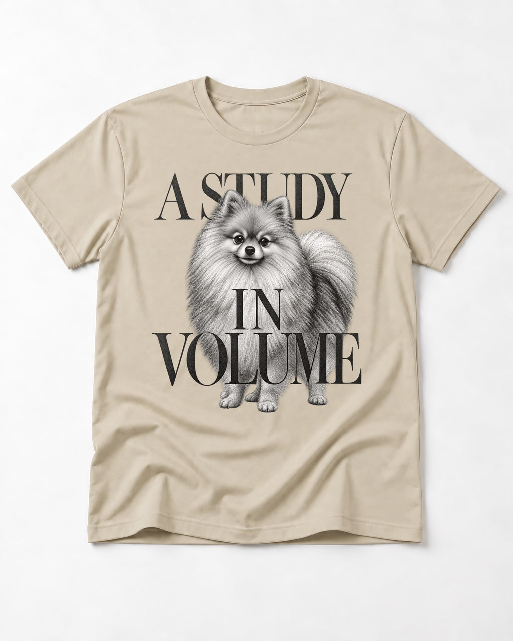 Pomeranian Study in Volume T-Shirt in Sand, flat lay product photo
