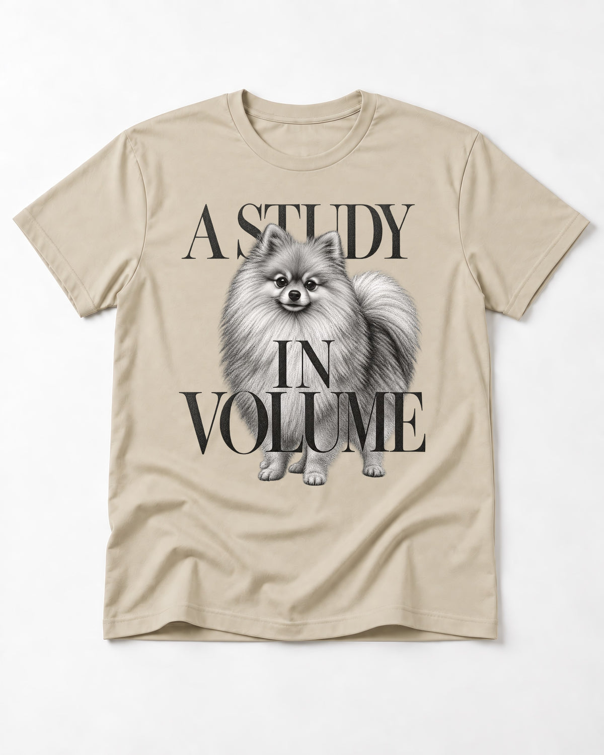 Pomeranian Study in Volume T-Shirt in Sand, flat lay product photo