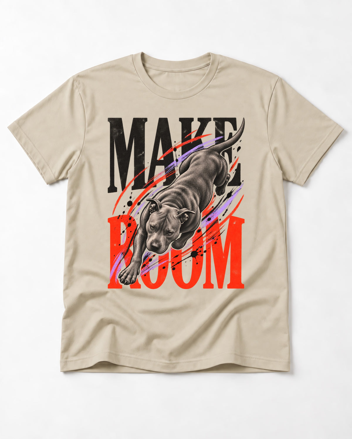 Make Room for Pitbull T-Shirt in Sand, flat lay product photo