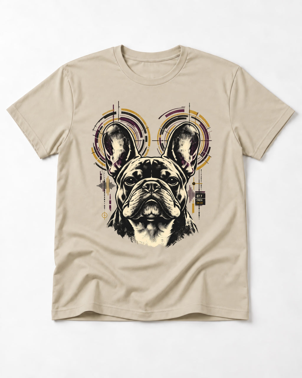 Frenchie Frequency T-Shirt in Sand, flat lay product photo