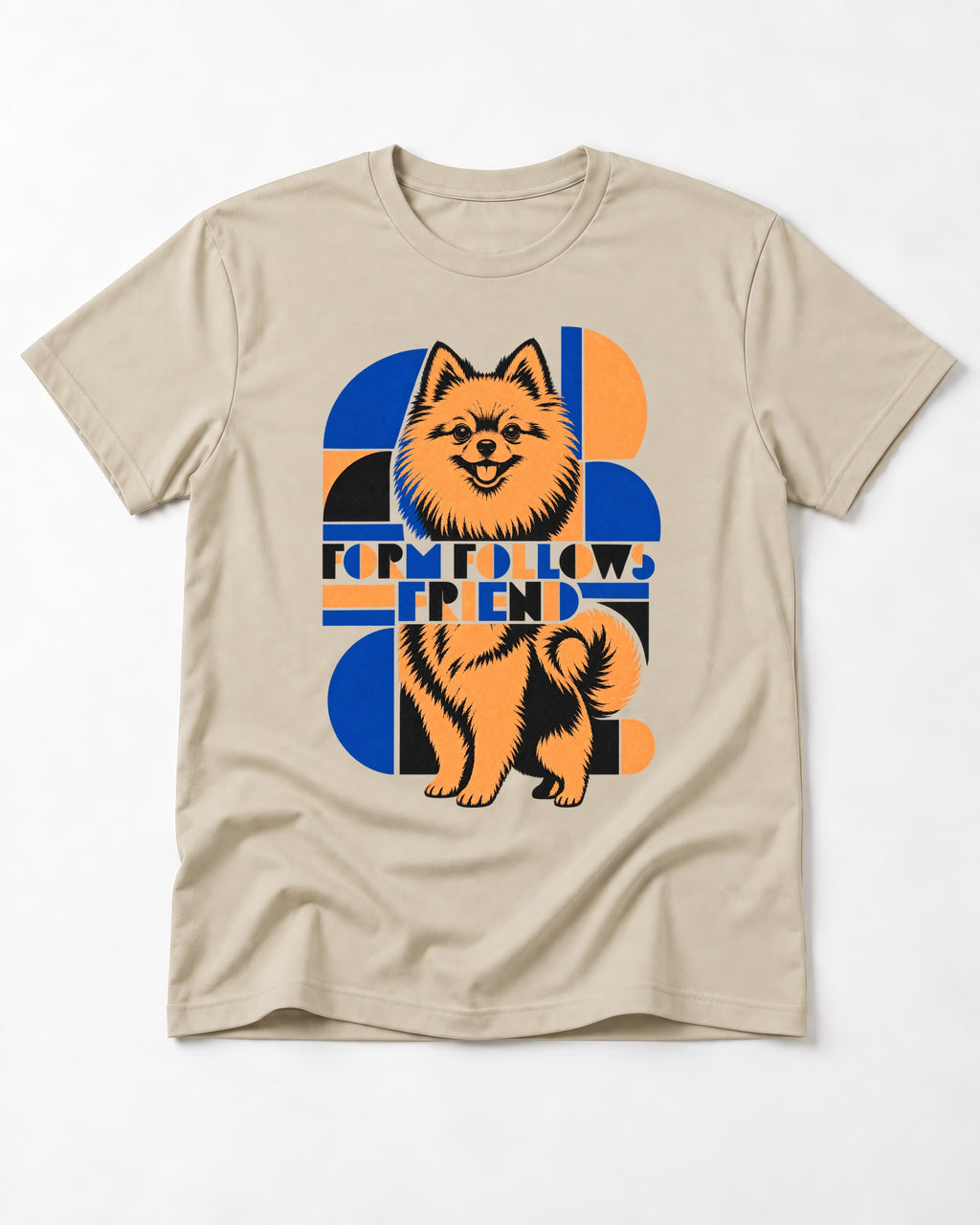 Form Follows Pomeranian Friend T-Shirt in Sand, flat lay product photo