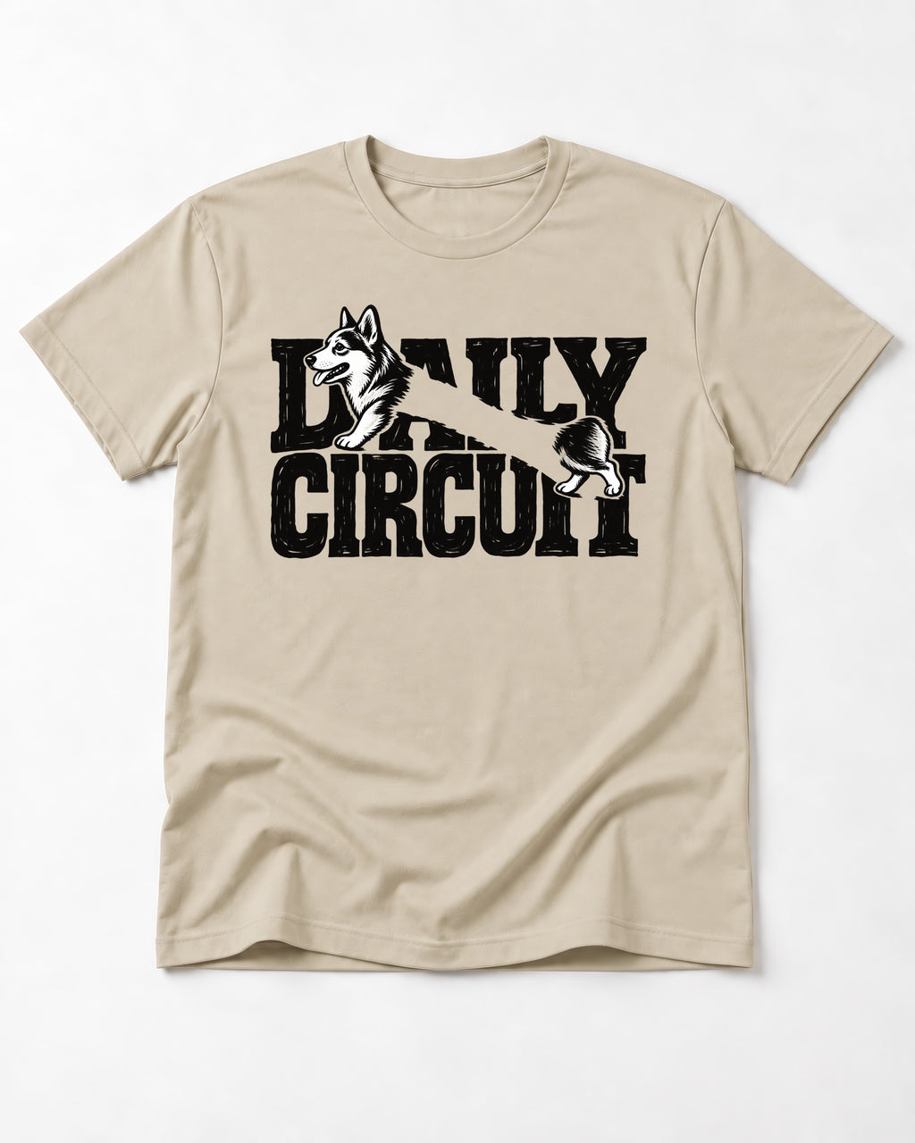 Daily Corgi Circuit T-Shirt in Sand, flat lay product photo