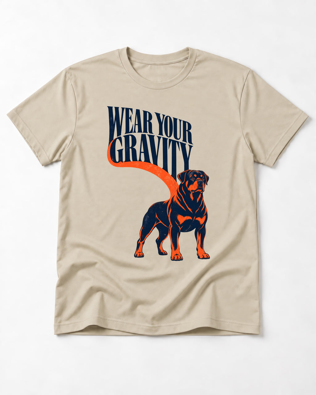 Wear Your Gravity Rottweiler T-Shirt in Sand, flat lay product photo