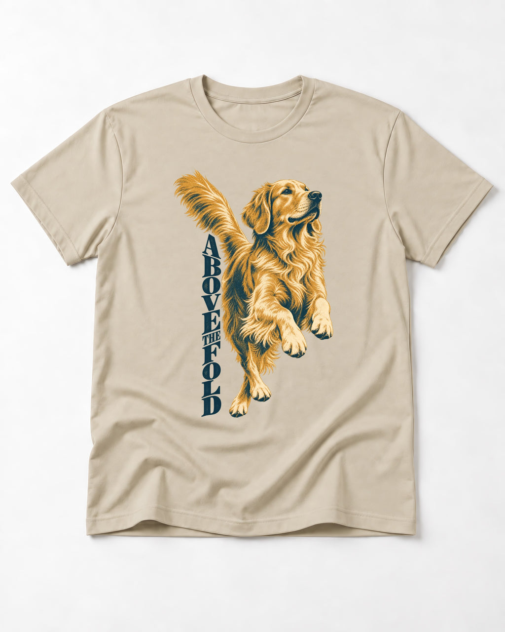 Golden Retriever Above the Fold T-Shirt in Sand, flat lay product photo