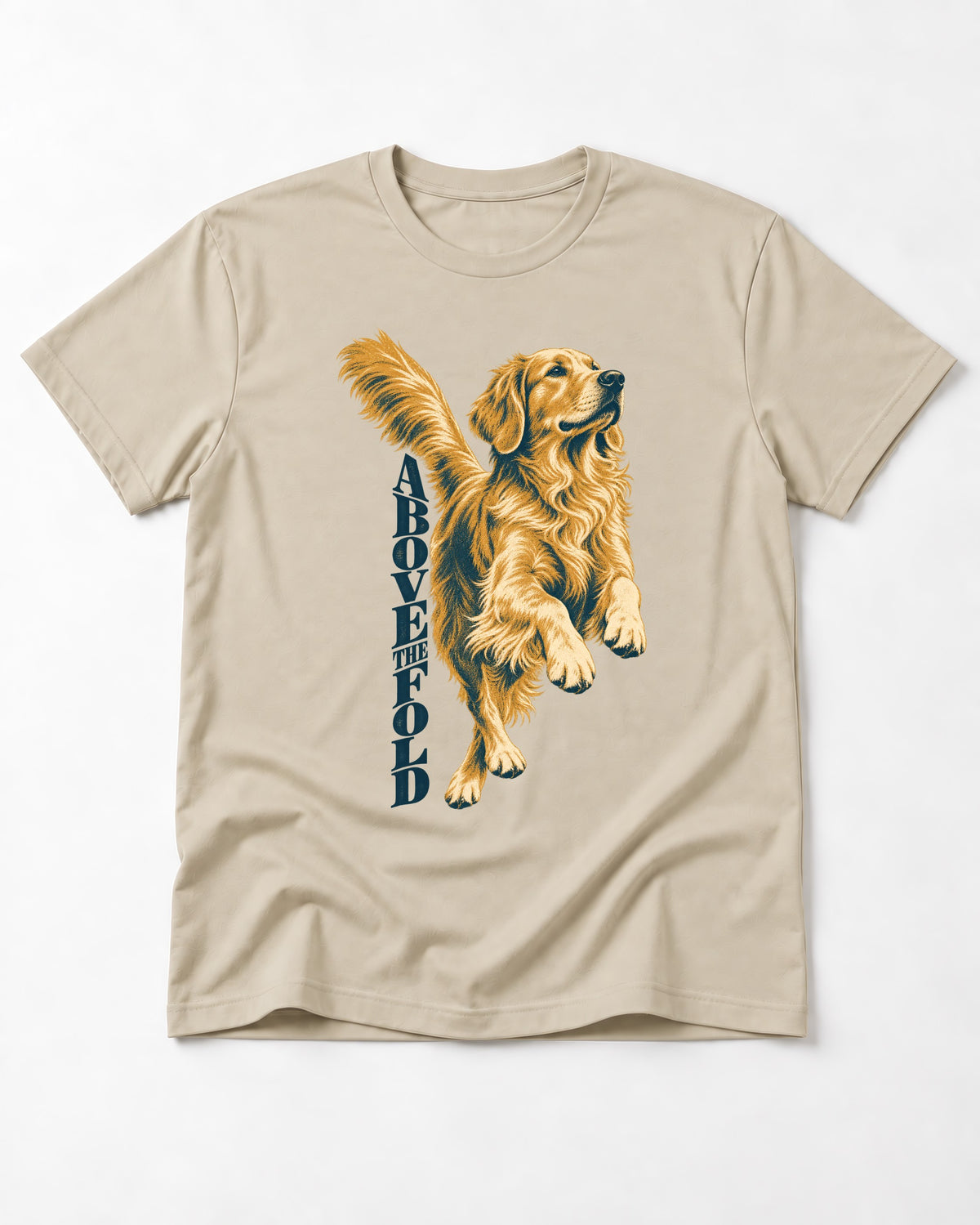 Golden Retriever Above the Fold T-Shirt in Sand, flat lay product photo