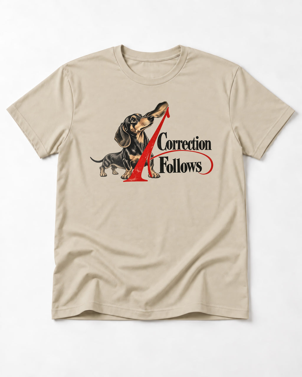 A Dachshund Correction Follows T-Shirt in Sand, flat lay product photo