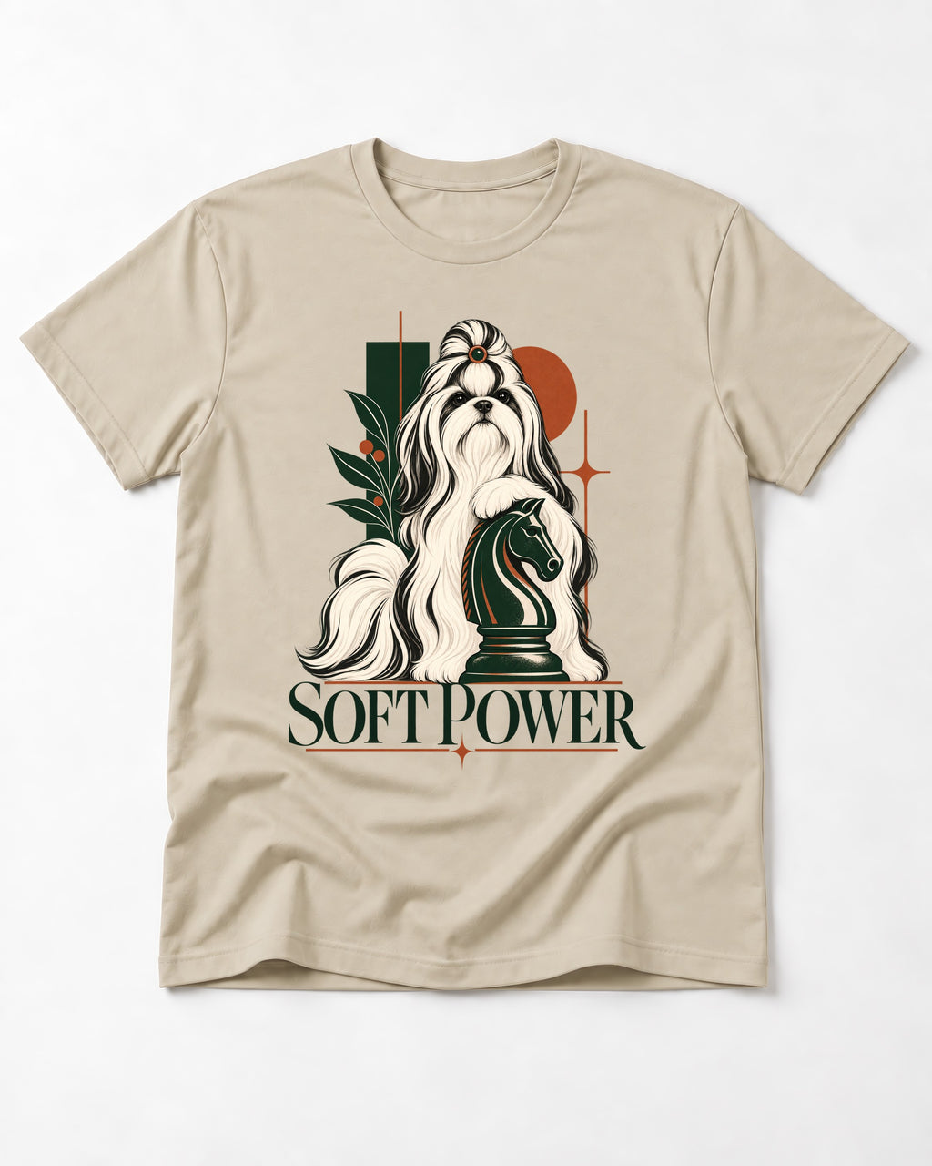 Soft Power Shih Tzu T-Shirt in Sand, flat lay product photo
