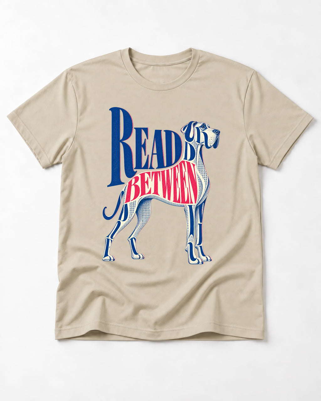 Read Between the Lines Great Dane T-Shirt in Sand, flat lay product photo