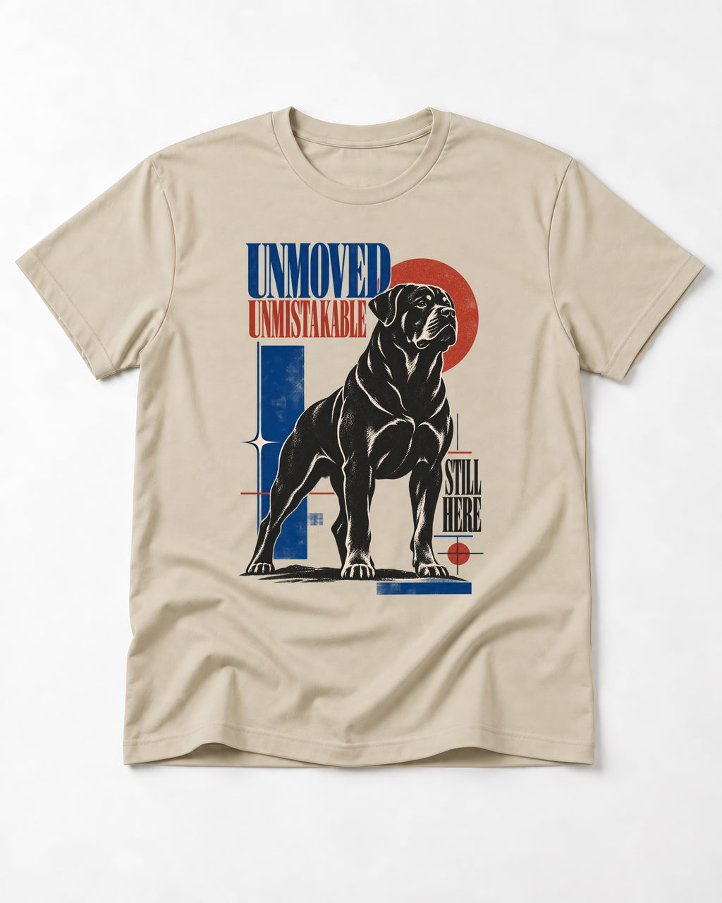 Unmoved Unmistakable Rottweiler T-Shirt in Sand, flat lay product photo