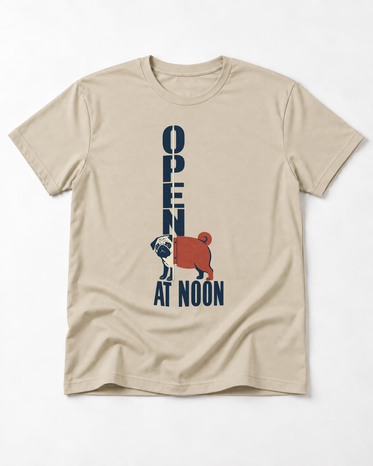 Pug Open at Noon T-Shirt in Sand, flat lay product photo