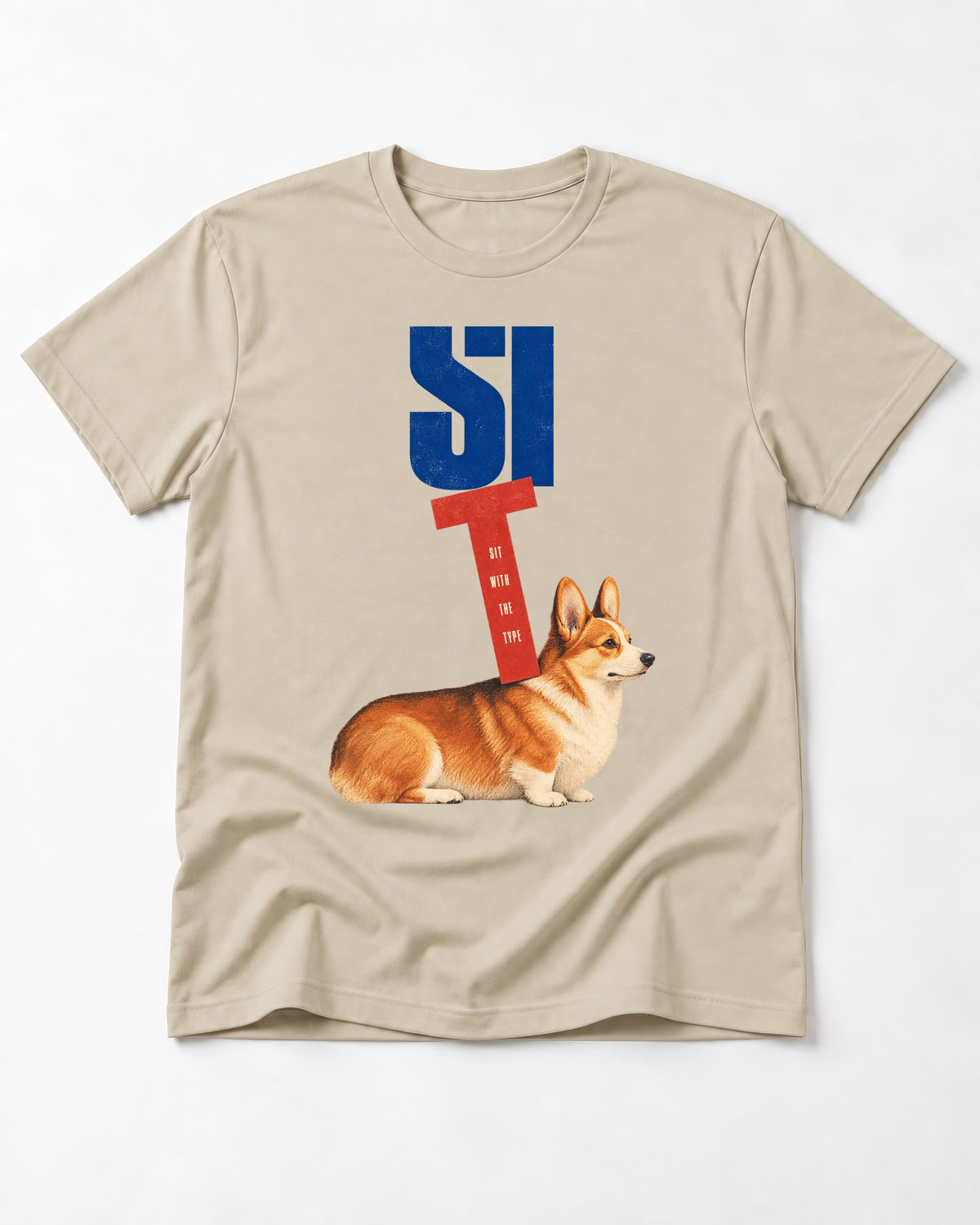 Sit with the Corgi T-Shirt in Sand, flat lay product photo