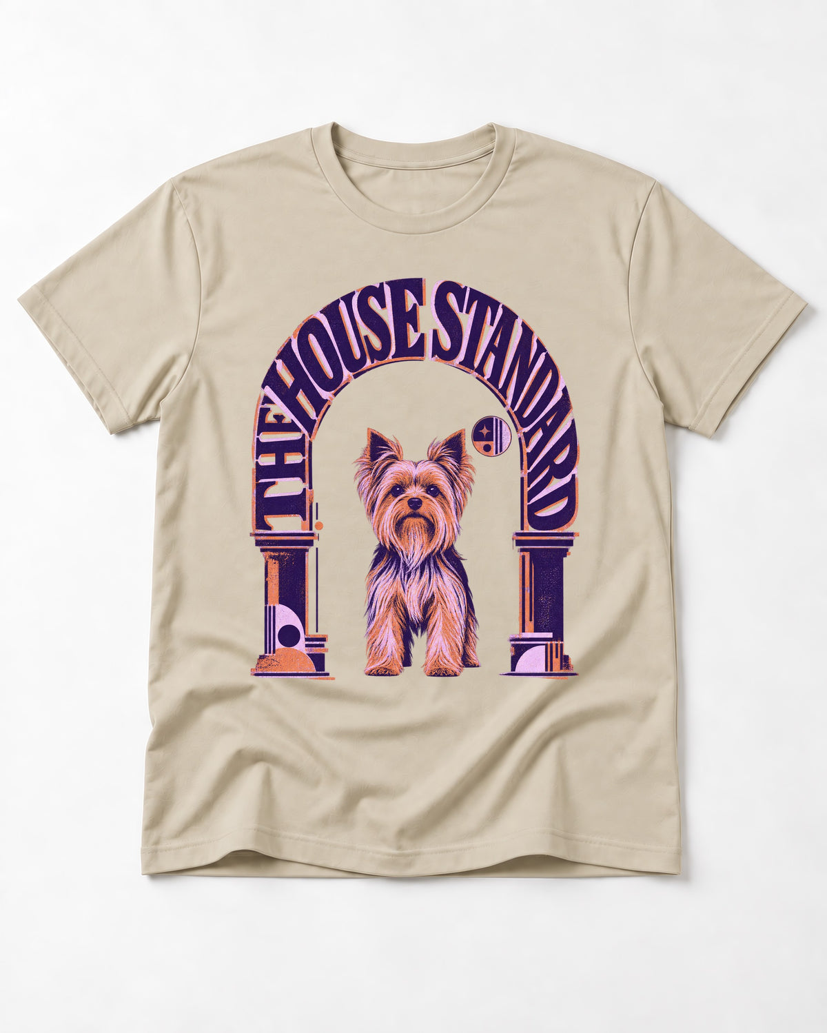 The Yorkshire Terrier House Standard T-Shirt in Sand, flat lay product photo