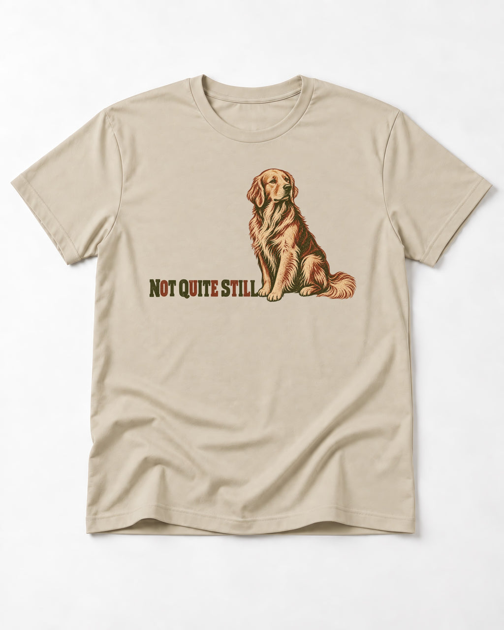 Golden Retriever Not Quite Still T-Shirt in Sand, flat lay product photo