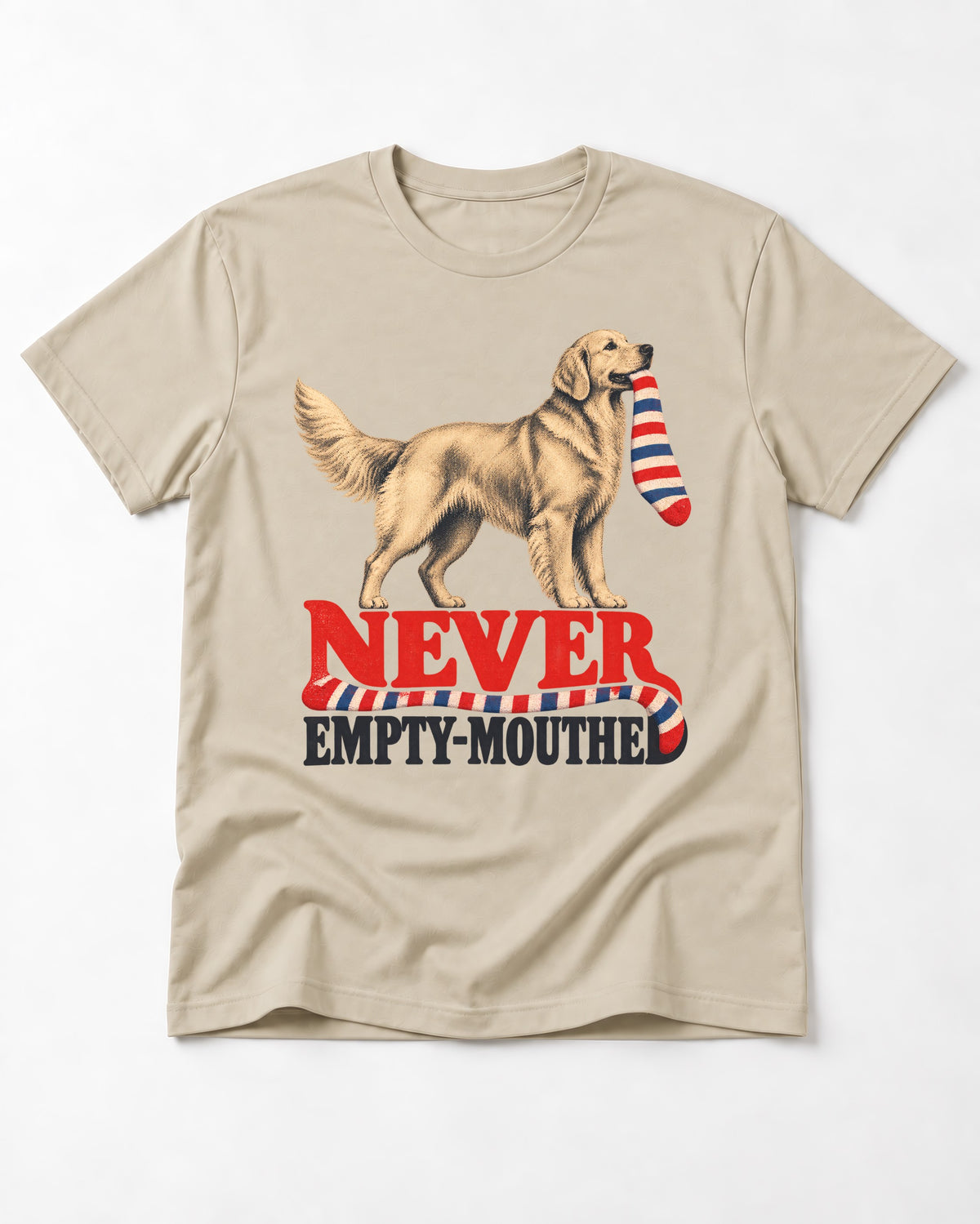 Never Empty Mouthed Golden Retriever T-Shirt in Sand, flat lay product photo