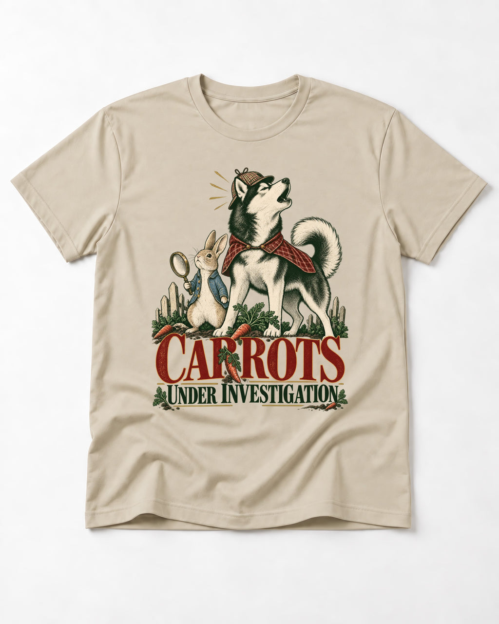 Carrots Under Husky Investigation T-Shirt in Sand, flat lay product photo