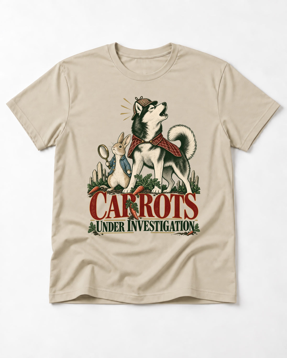 Carrots Under Husky Investigation T-Shirt in Sand, flat lay product photo