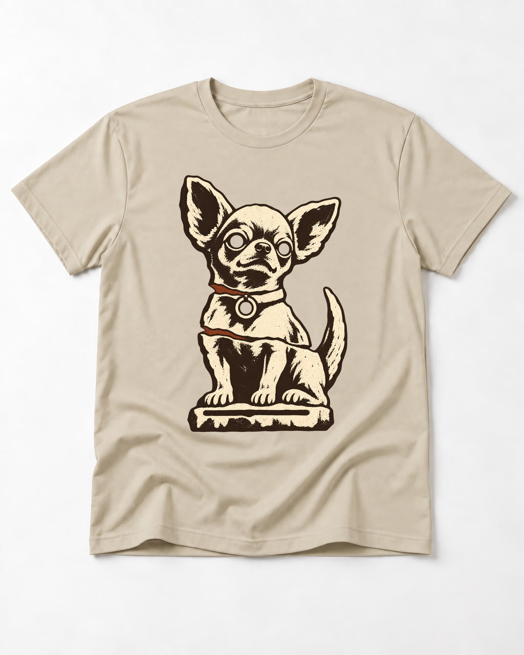 Chihuahua's Eternal Vigil T-Shirt in Sand, flat lay product photo