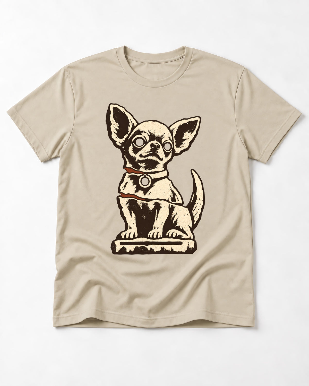 Chihuahua's Eternal Vigil T-Shirt in Sand, flat lay product photo