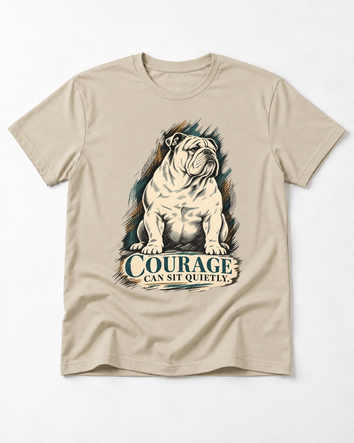English Bulldog Courage Can Sit Quietly T-Shirt in Sand, flat lay product photo