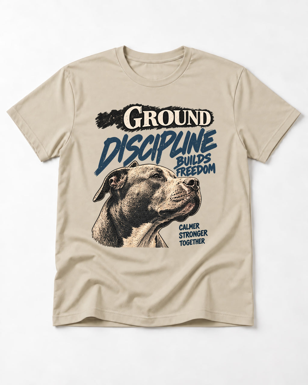 Pitbull Discipline Builds Freedom T-Shirt in Sand, flat lay product photo