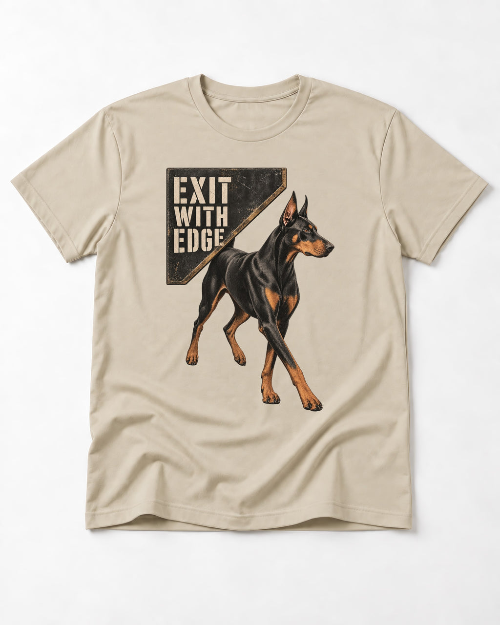 Exit with Doberman Edge T-Shirt in Sand, flat lay product photo