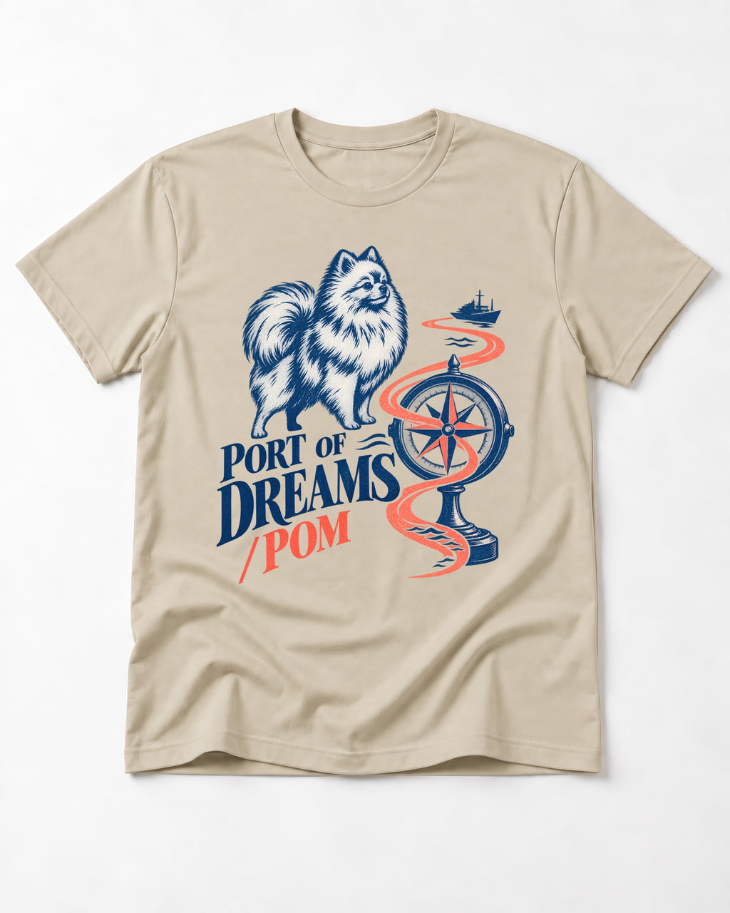 Pomeranian Port of Dreams T-Shirt in Sand, flat lay product photo